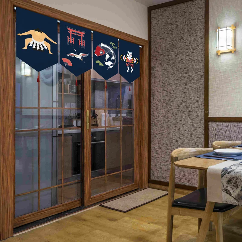 Japanese Noren Short Curtain Daruma Geisha Fabric Triangle Flag for Kitchen Partition Tatami Izakaya Bar Decoration