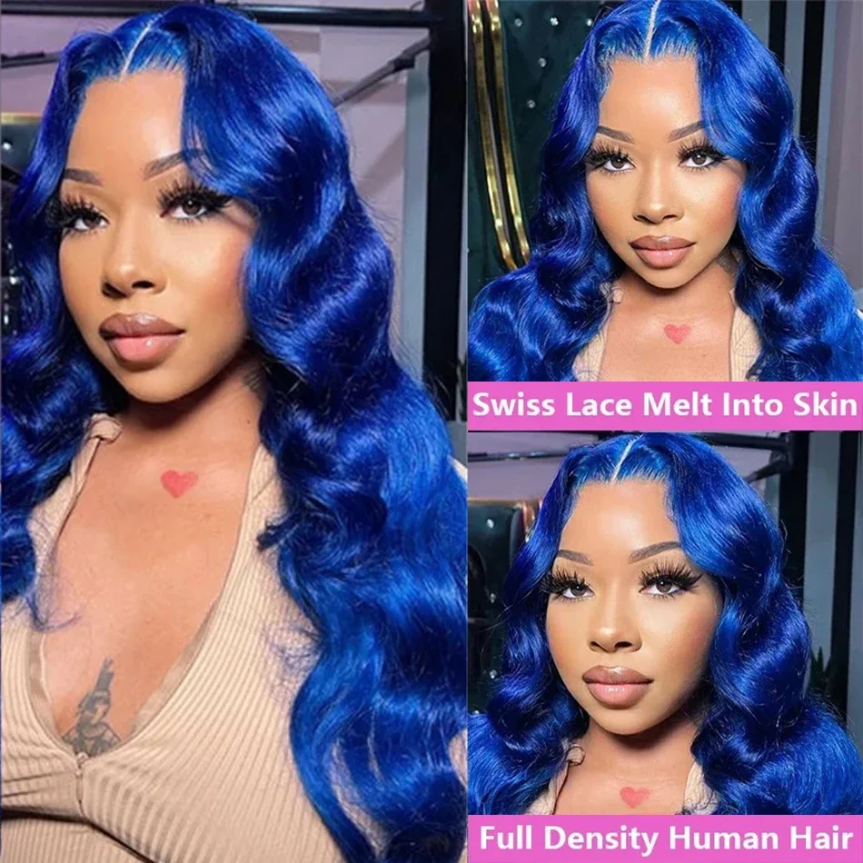 Azul marino 13X4 onda del cuerpo sin cola HD pelucas de cabello humano con frente de encaje en venta brasileño 30 34 pulgadas peluca Frontal de encaje de color azul real