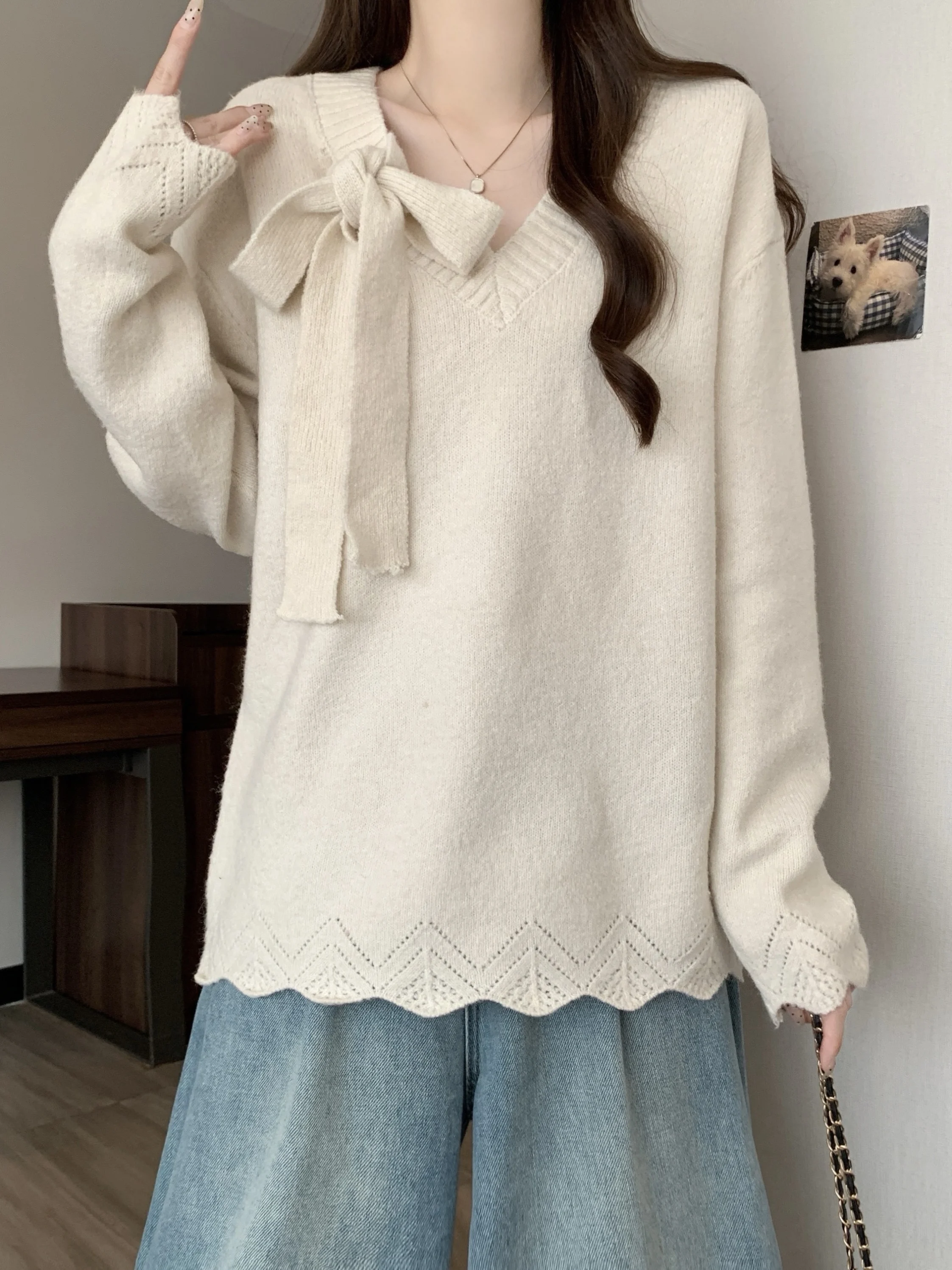 

plus Size V-Neck Knitwear Women's Loose Comfortable Knot Sweater Soft Versatile Long Sleeve Mid-Length Color
