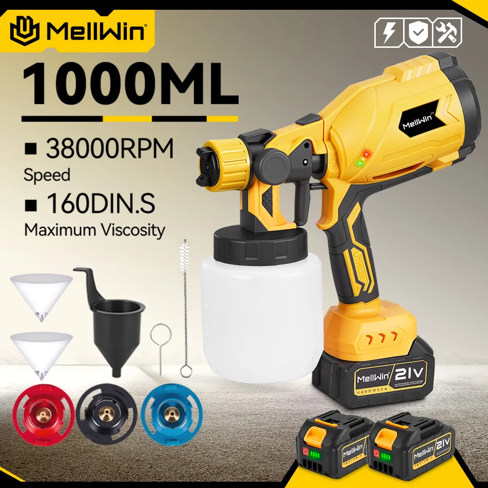 MELLWIN-pistola pulverizadora de pintura eléctrica inalámbrica, 1000ML, con 4 boquillas de cobre, herramienta pulverizadora de pintura HVLP portátil para Pin de batería Makita de 18V