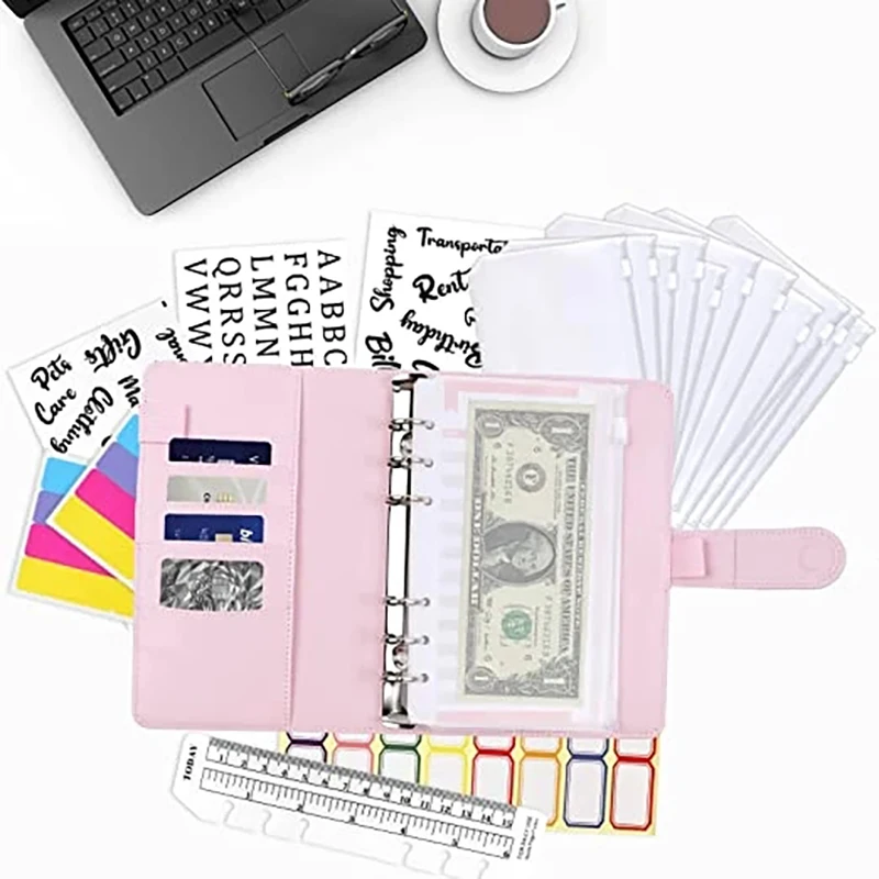 New PU Leather Notebook A6 Binder DIY Planner Organizer 8 Zipper Pockets 12Pcs Budget Sheet 2Pcs French Alphabet Stickers