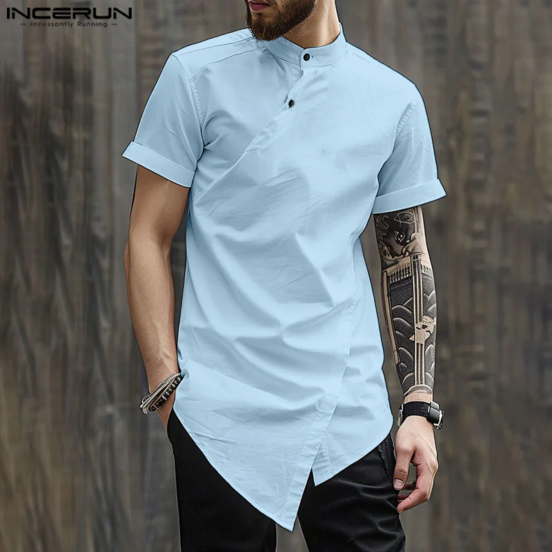 

Fashion Casual Style Tops INCERUN New Men's Slanted Placket Irregular Hem Shirts 2024 Male Stand Neck Short Sleeved Blouse S-5XL