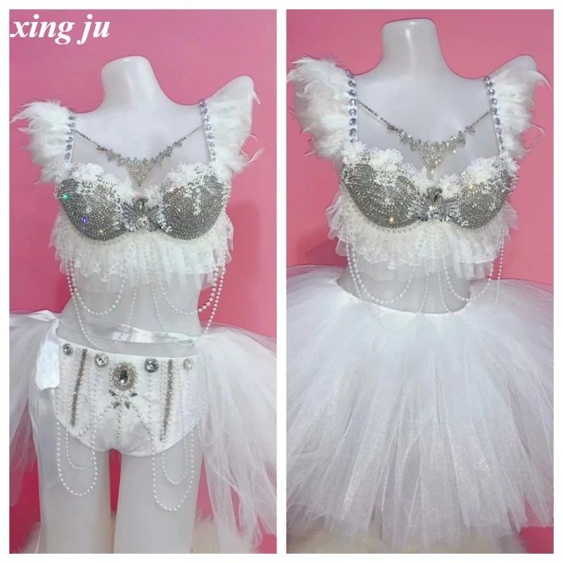 xing-ju-party-performance-luxury-rhinestones-feather-tops-women-dj-dance-costume-white-fringe-shorts-nightclub-singer-stage-wear