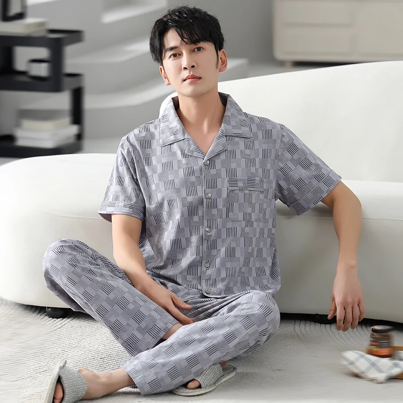 Newest M-4XL Men Pajama Set Turn-down Collar Pijamas Male Summer Short Sleeve Sleepwear