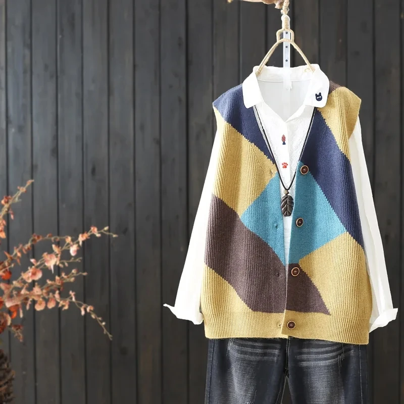 Knitted Vests Sleeveless Jackets Women Cardigan Tops Vintage Elegant Waistcoat Winter Warm Clothes Argyle Color Block Outerwears