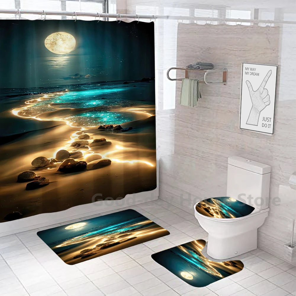 Moon Aurora Beach Printed Shower Curtain Set, Waterproof Shower Curtain With Hooks, Non-Slip Bathroom Rug, Toilet U-Shape Mat