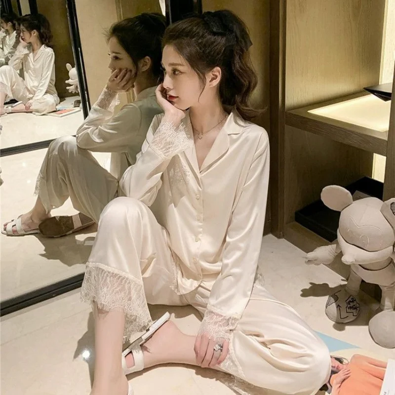 Pajama Sets Women Solid Lace Designed Popular All-match Home Charming Delicate Simple Daily Korean Style Ladies Trendy Basics