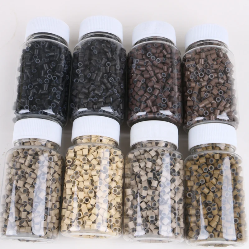 

8 Bottles (1000pcs/bottle) 4.0mm Silicone Lined Copper Micro Rings Beads Tubes Human Hair Extensions Install Beads Tools