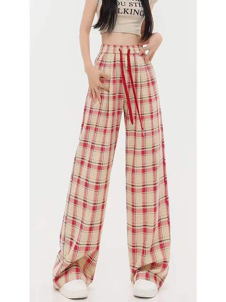 Vintage vrouwen losse geruite broek hoge taille casual kanten wijde pijpen broek Koreaanse retro alle match vrouwelijke zomerbroek