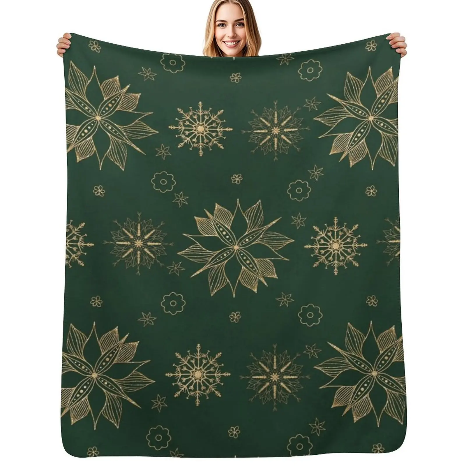 

Elegant Gold Green Poinsettias Snowflakes Winter Design Throw Blanket Flannels Luxury For Decorative Sofa Stuffeds Blankets
