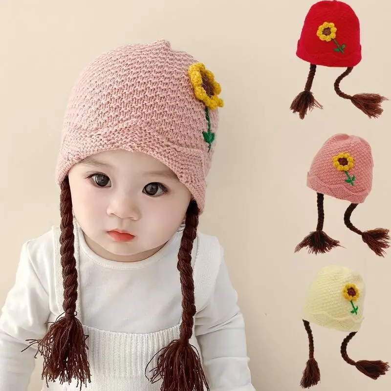 

Cute Baby Girl Wig Braid Pullover Cap Winter Warm Kids Ear Protection Hat 1-3year Children Knitted Beanies Flower Crochet Bonnet