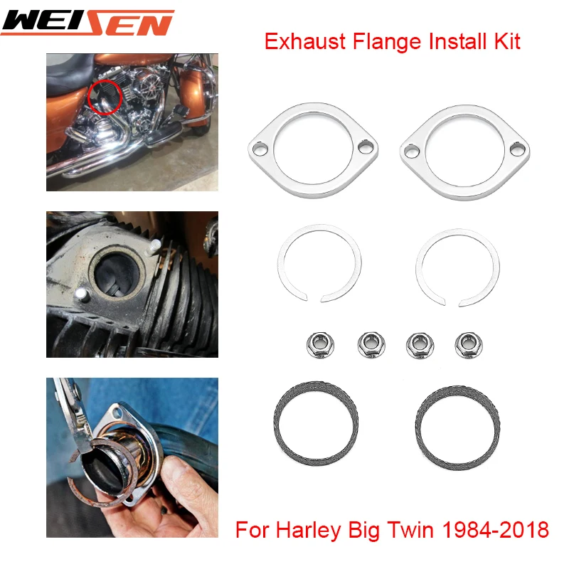 Motorcycle Exhaust Tail Pipe Flange Gaskets/Seal Install Kit for Harley Big Twin/Softail/Touring/Sportster/Dyna 1984-UP