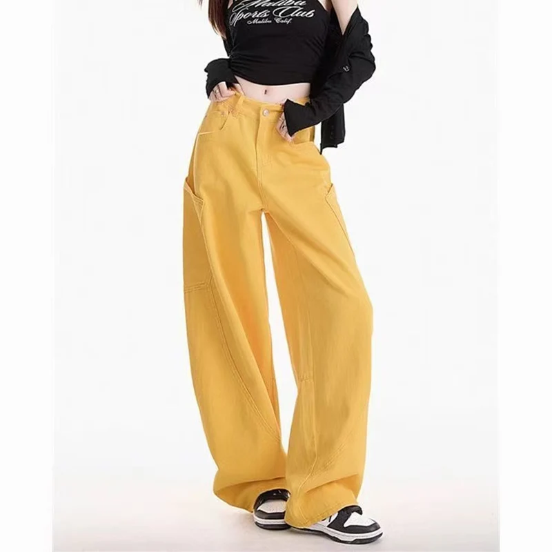 High Street Retro Yellow Jeans Women's Spring and Summer New Patchwork Design Sense High Waist Loose Work Clothes