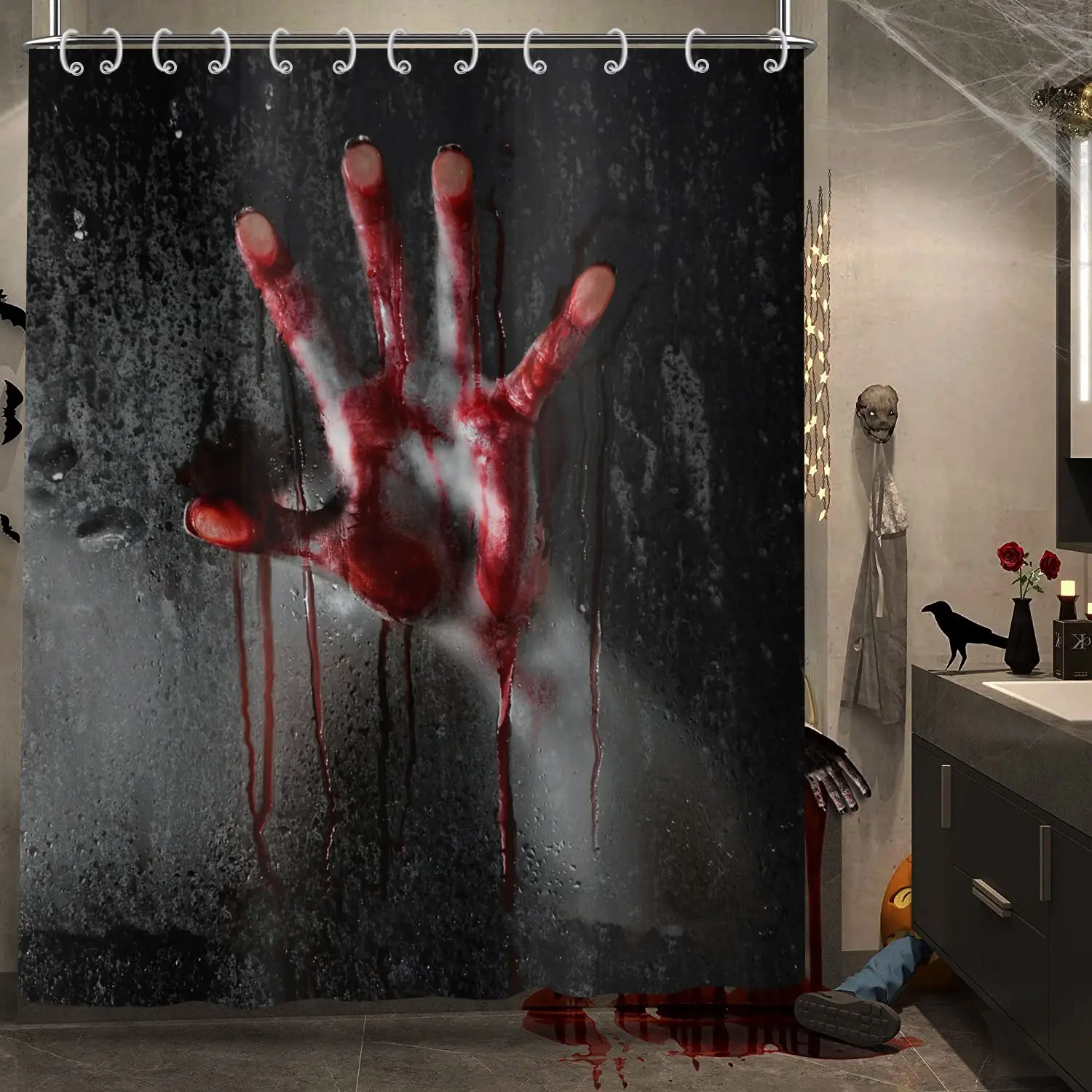 3D Halloween Theme Shower Curtain Horror Bloody Hands Black Bathroom Curtains for Halloween Party Waterproof Fabric with Hooks