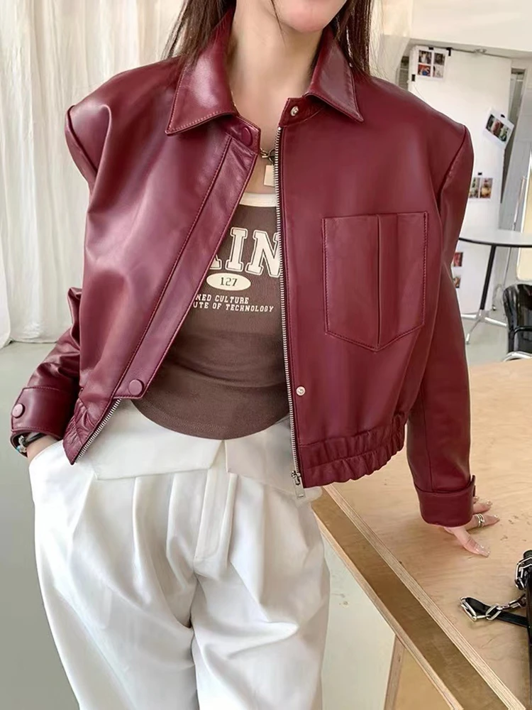 2023 New Real Lambskin Short  Burgundy Cropped Leather Jacket Women