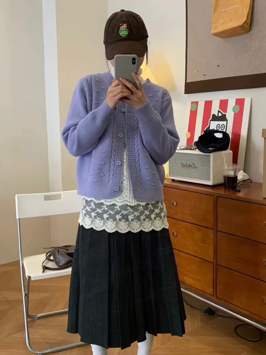 Soft Purple Women's Knitted Sweater Coat Casual Loose Style Autumn Winter Outerwear Korean Style Long Sleeve round Neck Top
