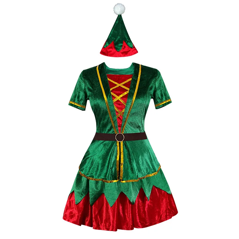 Chrismas Costume Cosplay Green Elf Fancy Dress Suits Xmas Theme Party Rolr Playing Clothing Sets Adult Men Women