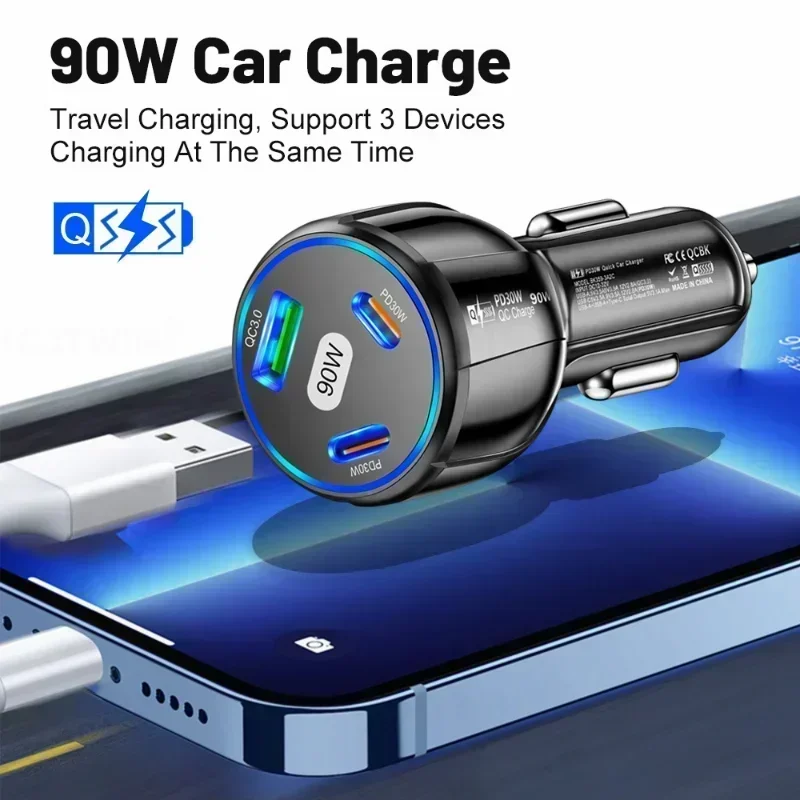 90W 3-in-1Car Charger QC3.0 PD Type C USB Moblie Phone Fast Charging for IPhone Xiaomi Samsung Car Quick Charger Adapter Tools