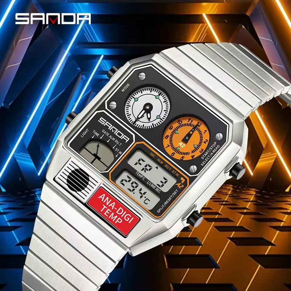 SANDA 3192 Men's Electronic Watch Square Stainless Steel Temperature Measurement Stopwatch Timing Multi functional Watch