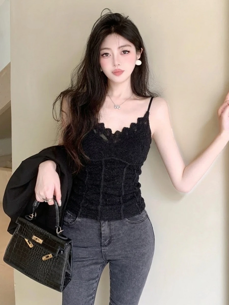 Korean Style Pure Desire Sexy Inner Wear Flocking Lace Hollow out V-Neck Padded Fishbone Strap Slim Fit Waist Vest Women
