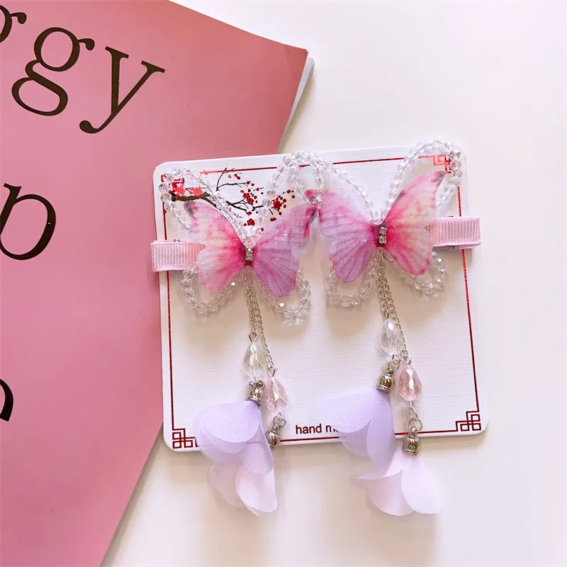 2Pcs/Set Girls Beautiful Butterfly Hair Clips Kids Chinoiserie Tassel Hair Barrettes Elegance Hairpins Princess Hair Accessories