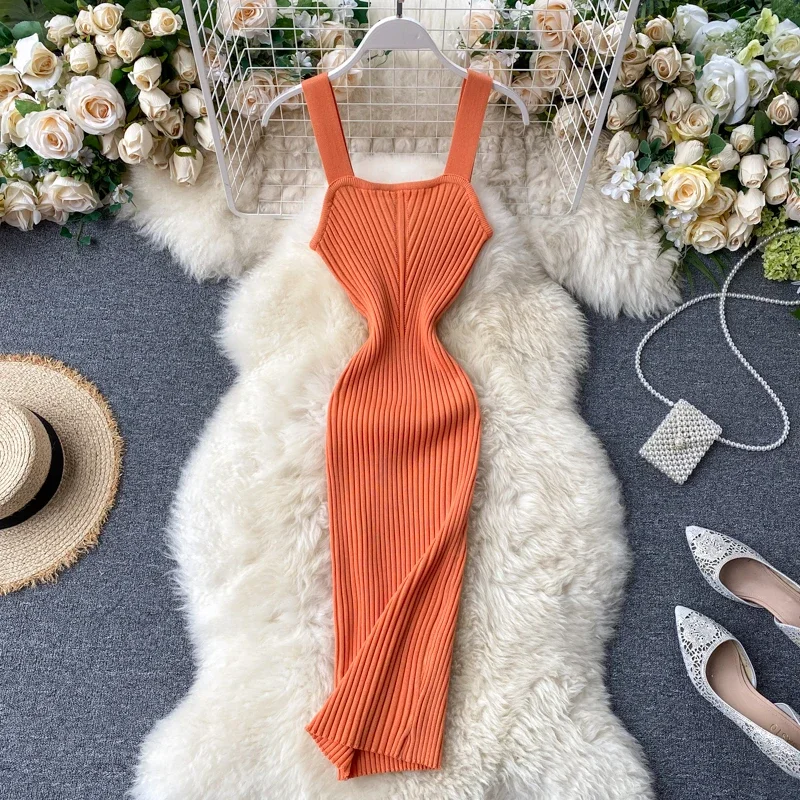 

2024 Sexy Summer Knit Strap Dress Women Tank Elatic Waist Bodycon Sundress Female Beach Split Backless Midi Dress