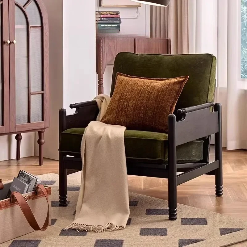 

French retro solid wood sofa chair, antique single sofa chair designer in the living room