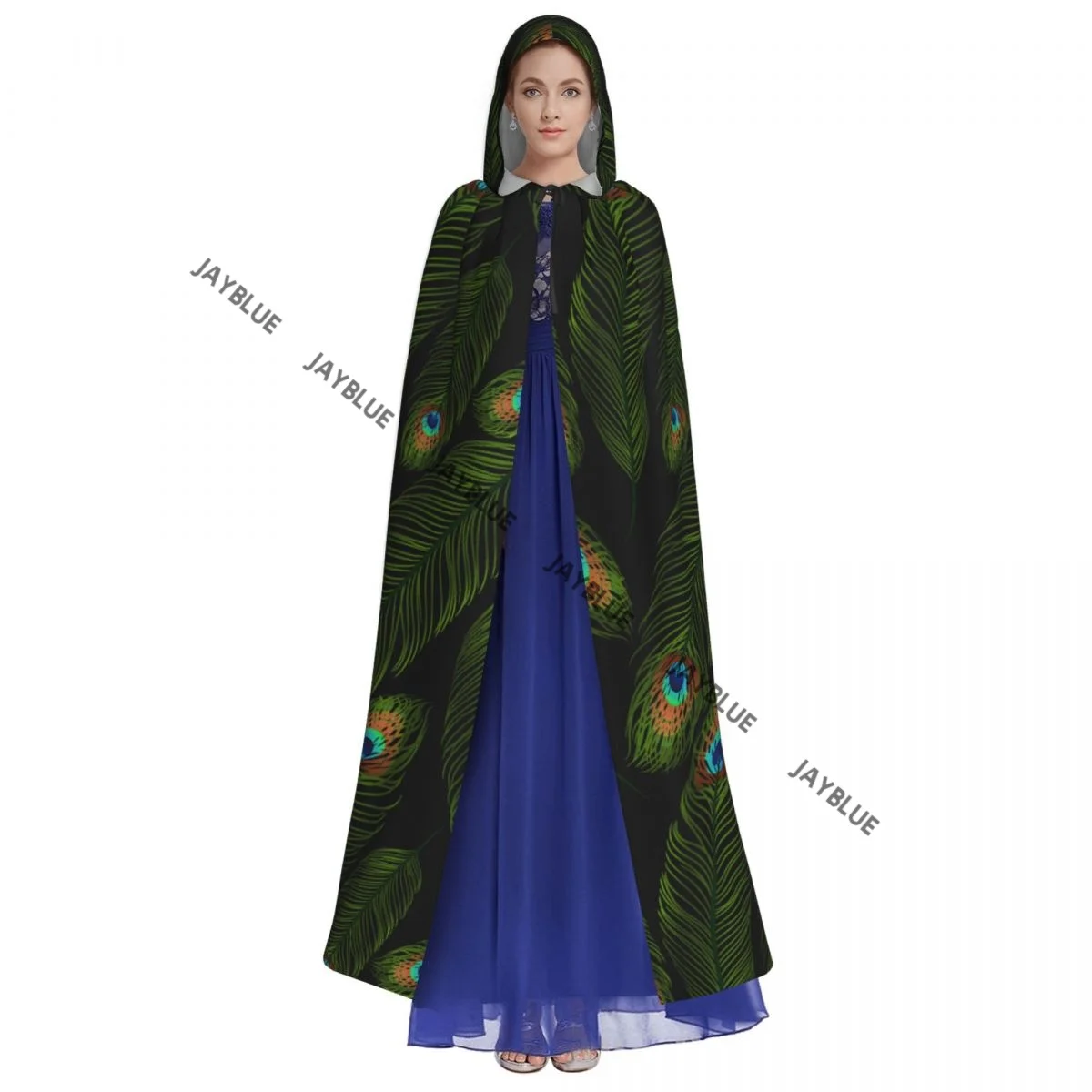 Peacock Feather Pattern Hooded Cloak Polyester Unisex Witch Cape Costume Accessory