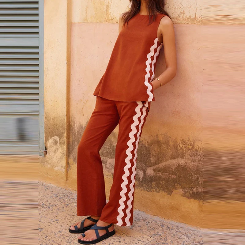 

Summer Casual Sleeveless Vest&Pocket Pants Suits Elegant Contrast Print Tops Straight Pants Set Fashion Beach Vacation 2pc Sets