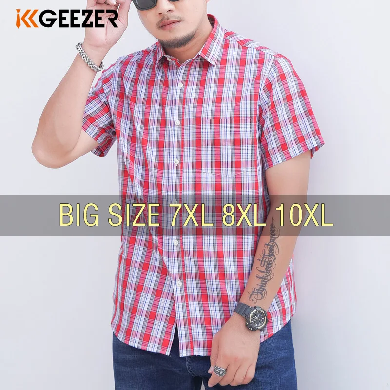 Men Shirt Plaid Cotton Short Sleeve Summer Red Plus Size 6XL 7XL 8XL 10XL Oversize Formal Dress Casual Designer High Quality