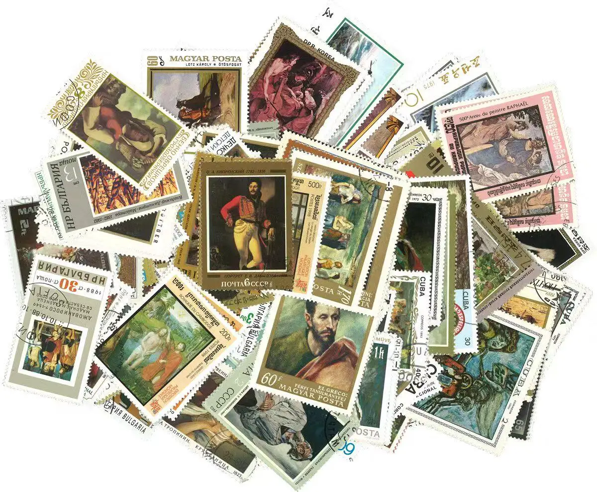 100 PCS/Lot Famous Painting Topic Stamps World Original Postage Stamp with Postmark Good Condition Collection No Repeat