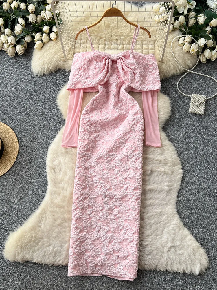 

Elegant Sexy Slim Fit Pink Women Dress One Oulder High Waist A-Line Commute Party Daily Wear Evening Gowns Chic Lady Dress