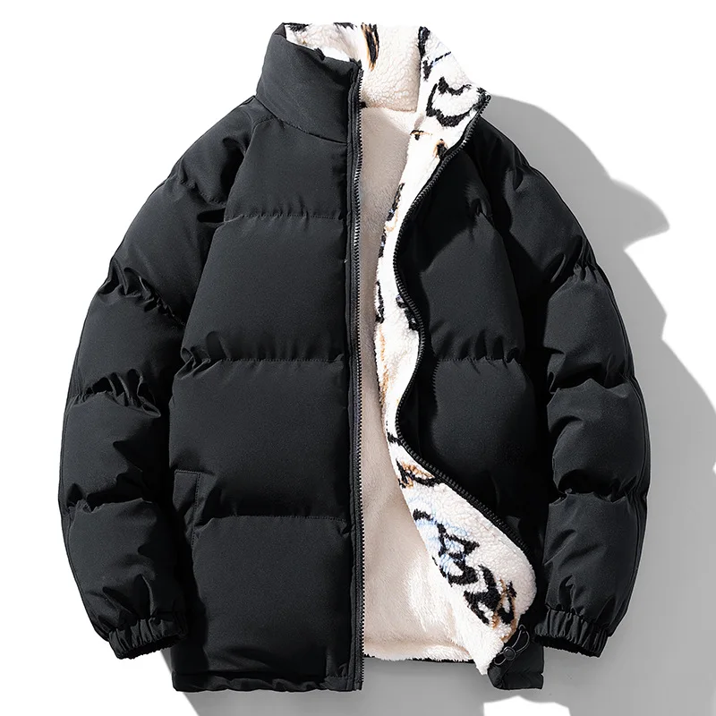 2025 Winter Men Plush Jacket Thicken Printed Patchwork Male Down Coat Stand Collar Long Sleeve Loose Comfortable Man Outerwear