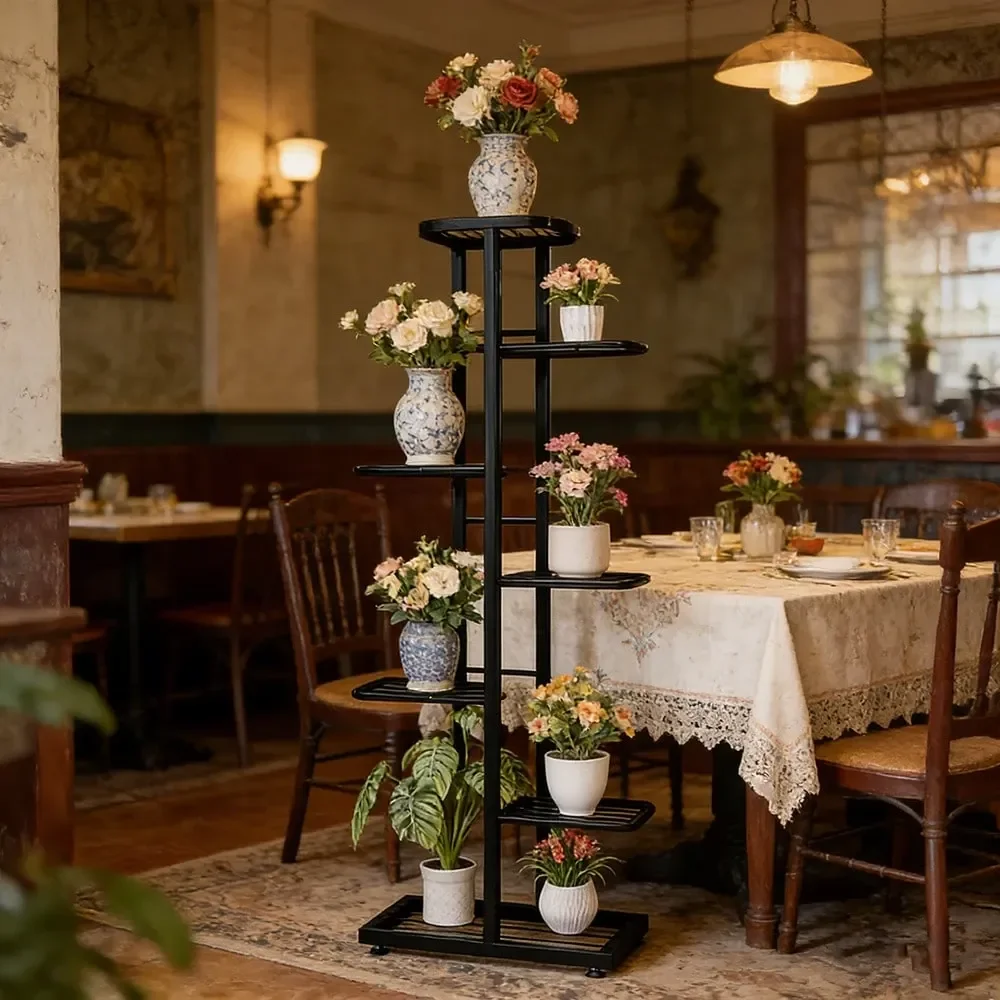 

Elegant MultiTiered Metal Plant Stand With Seven Levels Accommodating To 8 Potted Plants. Crafted From Solid Iron, This Vers