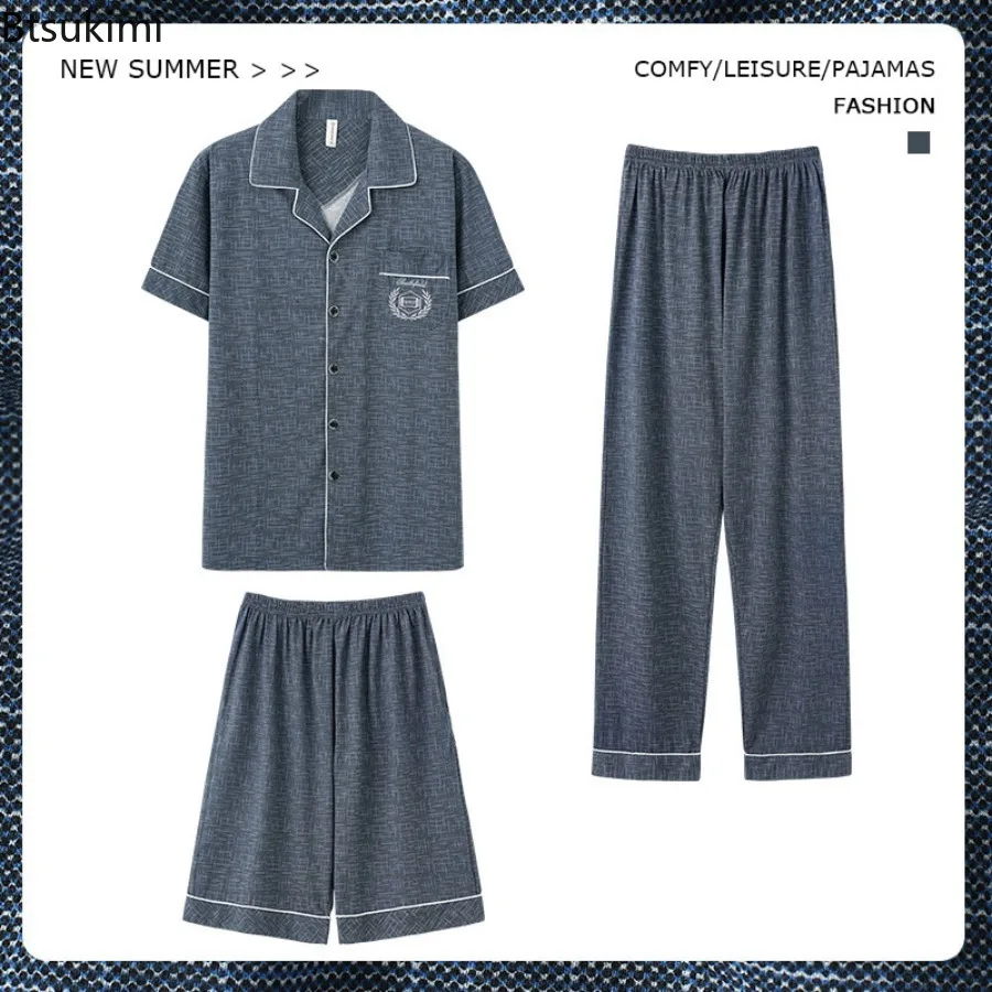 2025 Summer Pure Cotton Pajamas Men's Three Piece Nightwear Leisure Short Sleeve Shorts and Pants Pajamas Striped Homewear Male