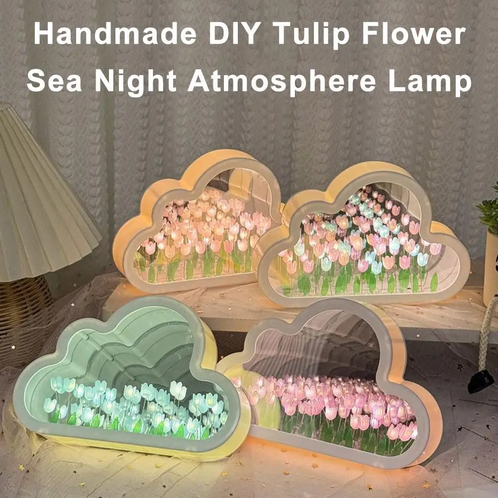 Handmade DIY Tulip Flower Sea Night Atmosphere Lamp Clouds Tulip Lamp LED Night Light Mirror Table Lamp Bedroom Decor Lights New