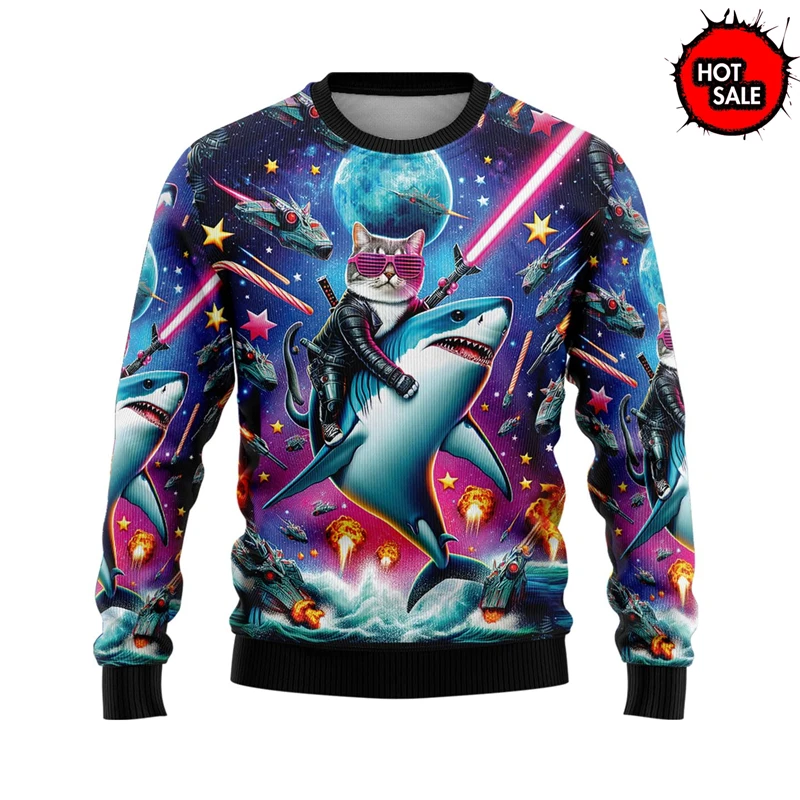 Funny Animal Space Graphic Ugly Christmas Sweater Fashion Cat Dog Sweatshirts Men New In Sweater Thanksgiving Day Crewneck Tops