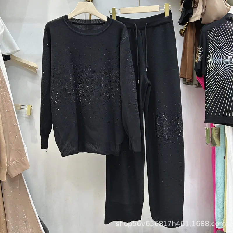 Conjunto de dos piezas de otoño para mujer, jersey de cuello redondo con perforación caliente brillante, Top + Pantalones rectos de pierna ancha con cintura elástica, novedad de moda