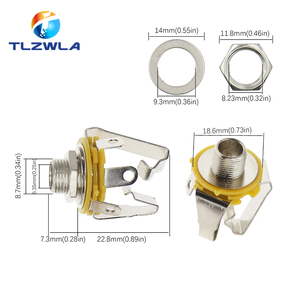 Ausi 6 Pezzi Presa Jack 6.35mm Stereo TRS A Saldare – Connettore Femmina A 3 Pin Per Microfono E Chitarra, Montaggio Su Pannello
