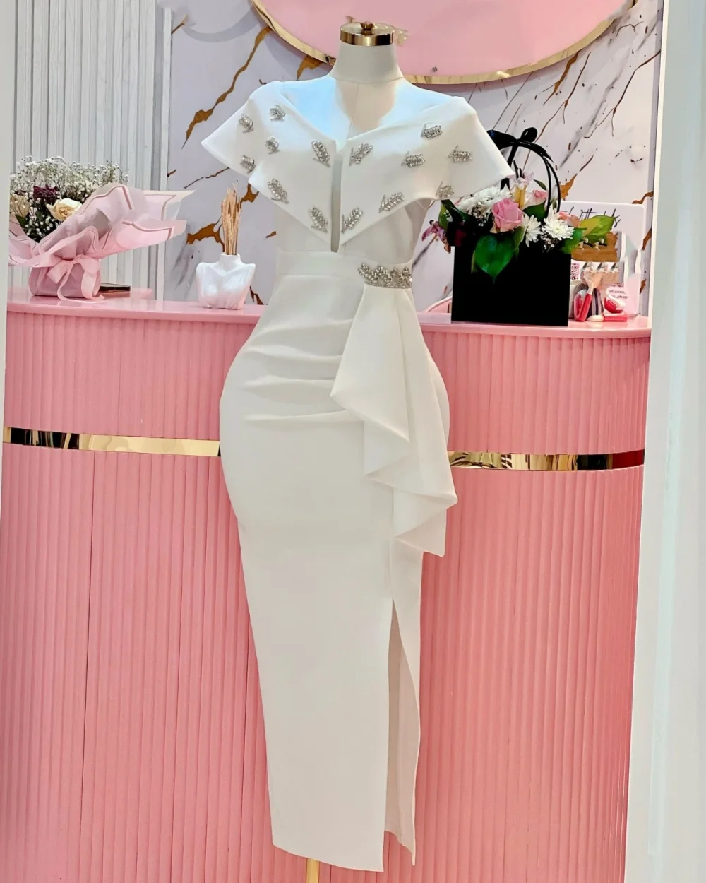 

Customized Modern Style Elegant Jersey Rhinestone Ruched Mermaid Off-the-shoulder Ankle Length Dresses Bespoke Occasion Dresses