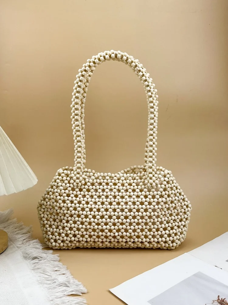 Beaded Wooden Bead French Style Hollow Out Bag Casual Travel Woven Ladies Portable Tote Bag Vacation Beach Handbag