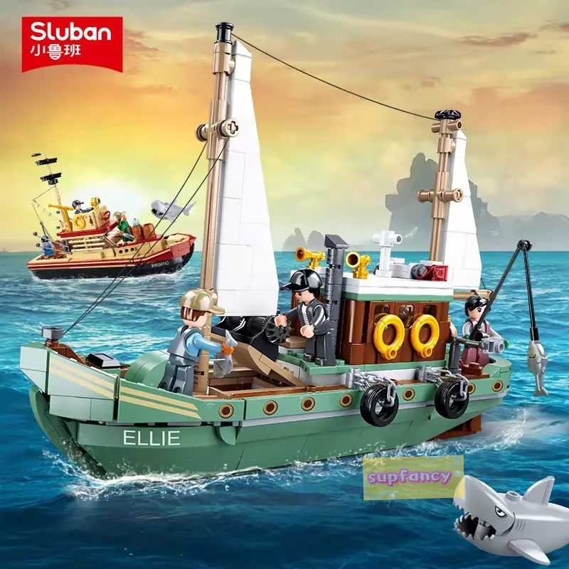 City Fishing Boat Vessel Trawlboat Model Building Blocks Set Pirate Ship Sea Fisher White Shark Figures MOC Toys With Stickers