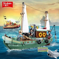 City Fishing Boat Vessel Trawlboat Model Building Blocks Set Pirate Ship Sea Fisher White Shark Figures MOC Toys With Stickers