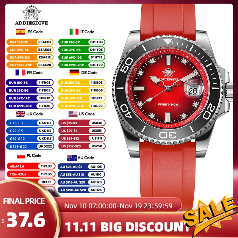 

ADDIESDIVE New AD2089 41mm Men Watch Diving Top Brand Luxury Ceramic Bezel Waterproof 200m Dive Wristwatch 316L Stainless Steel