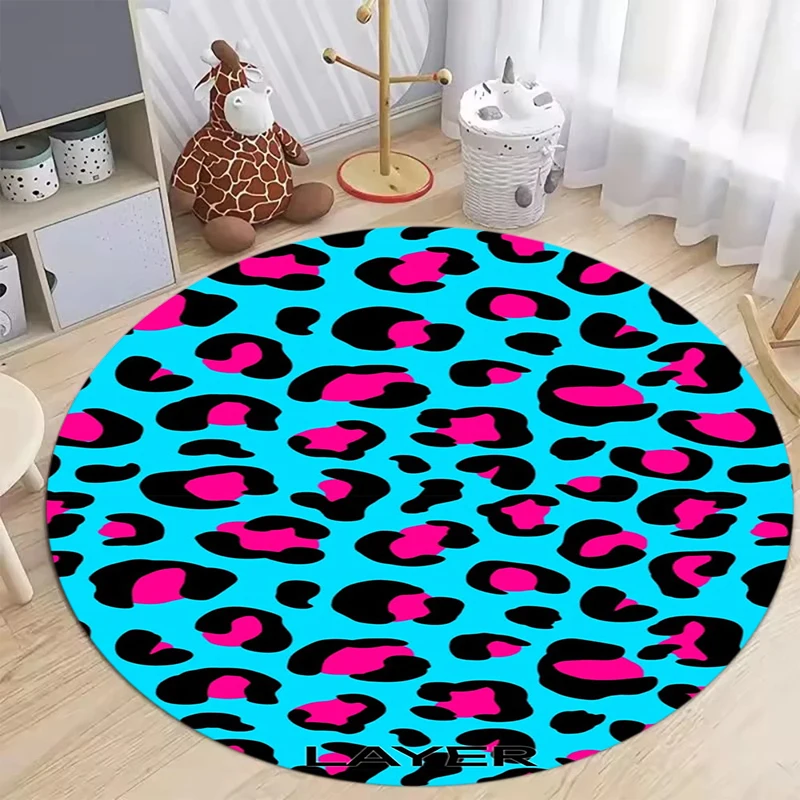 Pink Leopard Zebra Mix Print Round Rug Glitter Trim Animal Pattern Carpet for Living Room Bedroom Home Decor