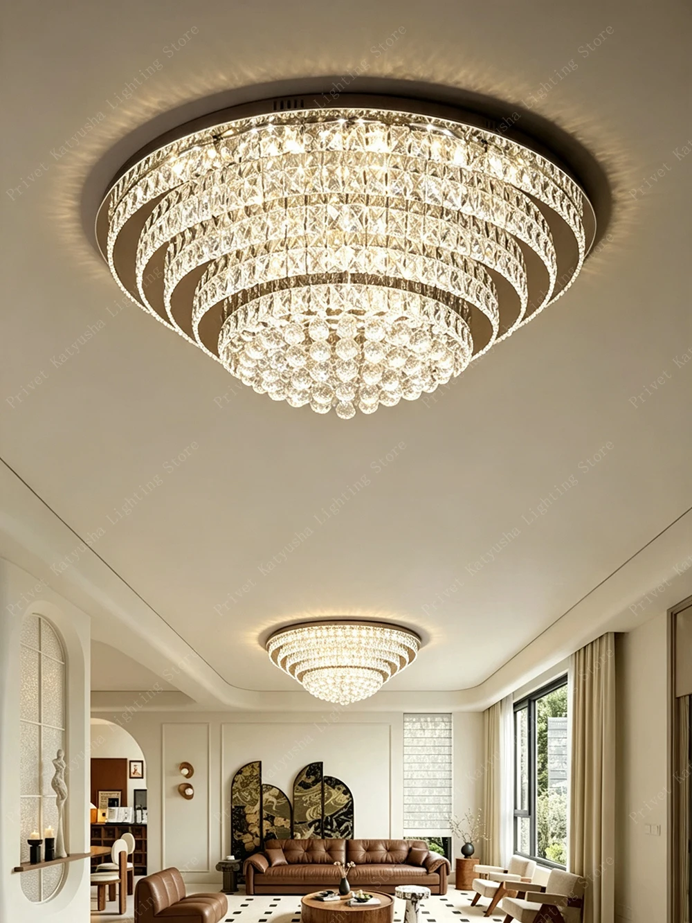 Mutli-layers Crystal Ceiling Lights, Luxury Round Rectangle Stainless Steel Ceiling Mounted Lamps for Living Room Dining Room