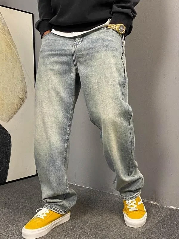 

plus Size 300 Pounds Spring Autumn Casual Handsome Retro Zipper Denim Pants Men Loose Trendy Wide Leg Long Trousers