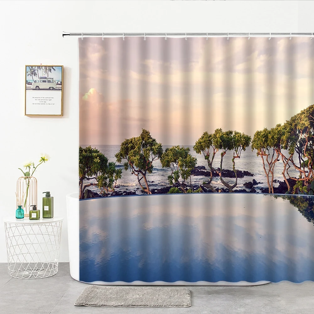 Swimming Pool Pattern Shower Curtain Exotic Ocean Bathroom Curtains Polyester Bathtub Screens Home Decoration with Hook