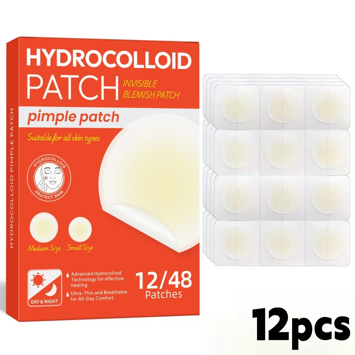 12/48pcs Emergency Invisible Pimple Patches - Quick Fix Hydrocolloid Stickers to Cover & Heal Breakouts Fast