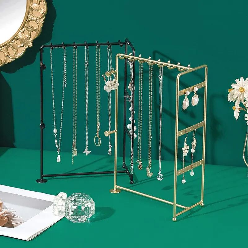 Table Hanging Jewelry Organizer Jewelry Stand Holder Display Stand with Jewelry Tray Base Gold Metal Frame Rack Holder